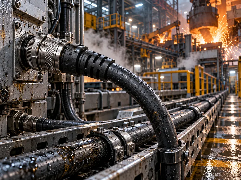 Çelik fabrikasında metal konnektörlü endüstriyel kablo ve kablo tavası