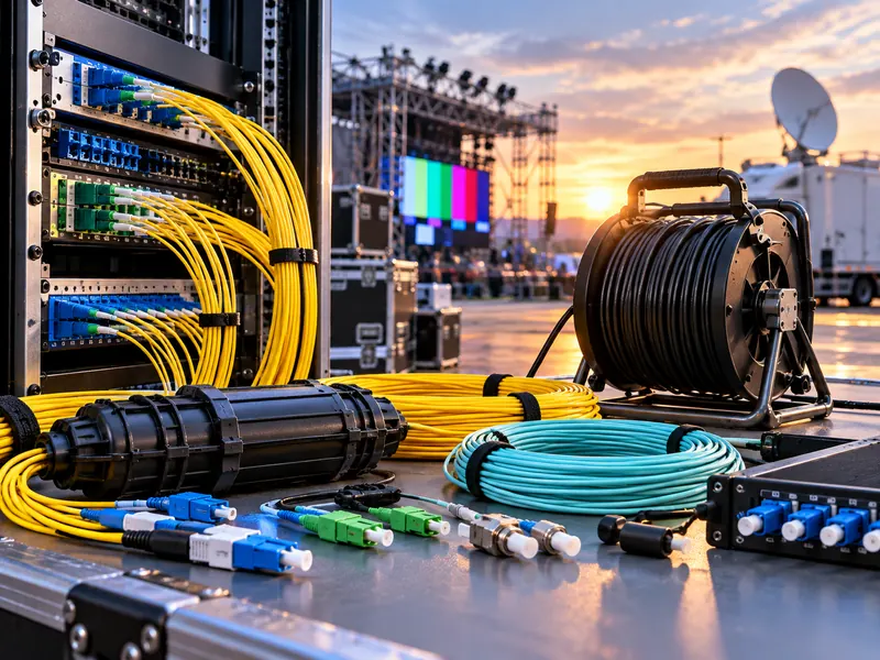Fiber optik bağlantı panelleri, kablolar ve makara ile açık hava yayın kurulumu
