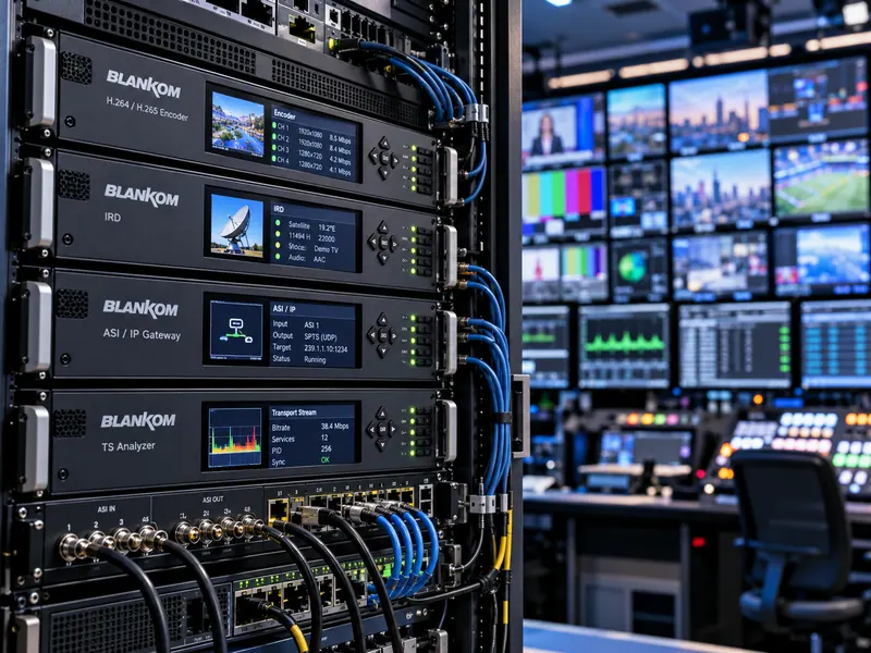 Yayın kontrol odasında BLANKOM enkoder, IRD, ASI/IP ve analiz cihazlarından oluşan rack sistemi